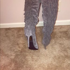 Grey faux suede thigh high fringe boots